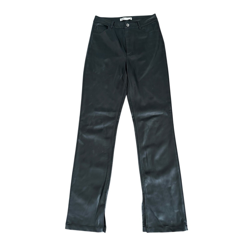 ZARA Faux Leather Straight Leg Slit‎ Pants Women Sz 6 Black High Rise Chic Party